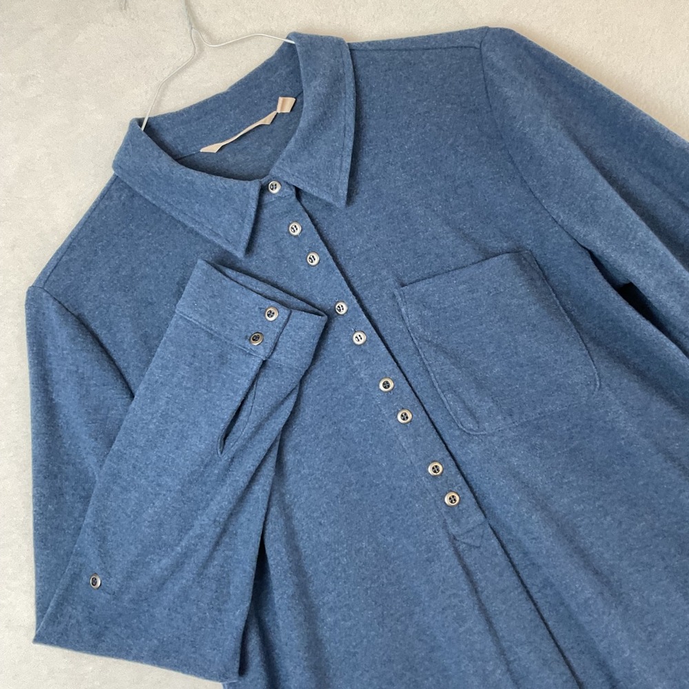 Soft Surroundings Blue Heathered Knit Roll Tab Sleeve Button Tunic Top Medium